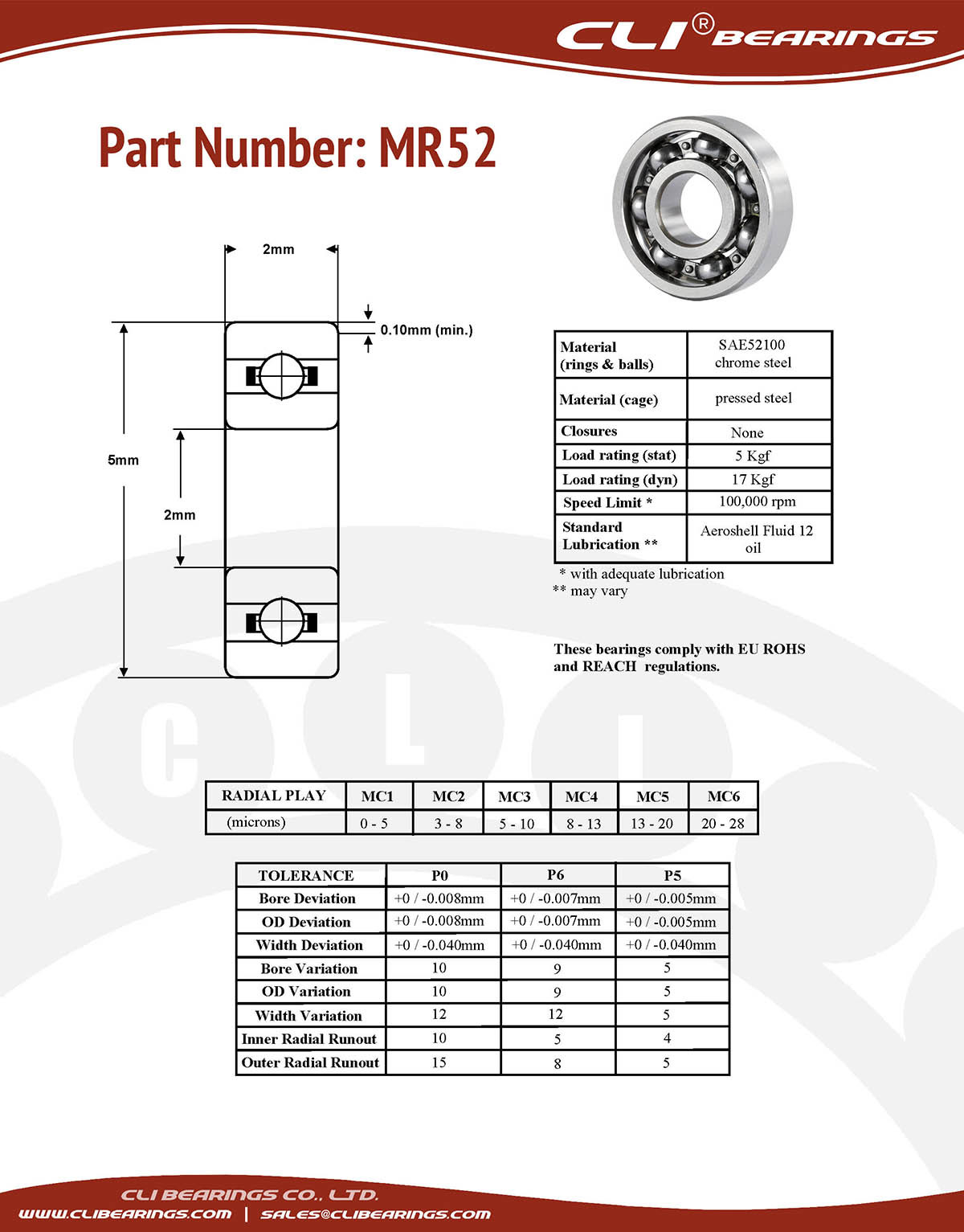 Original mr52 miniature bearing 2x5x2mm open chrome aisi52100   cli bearings co ltd nw