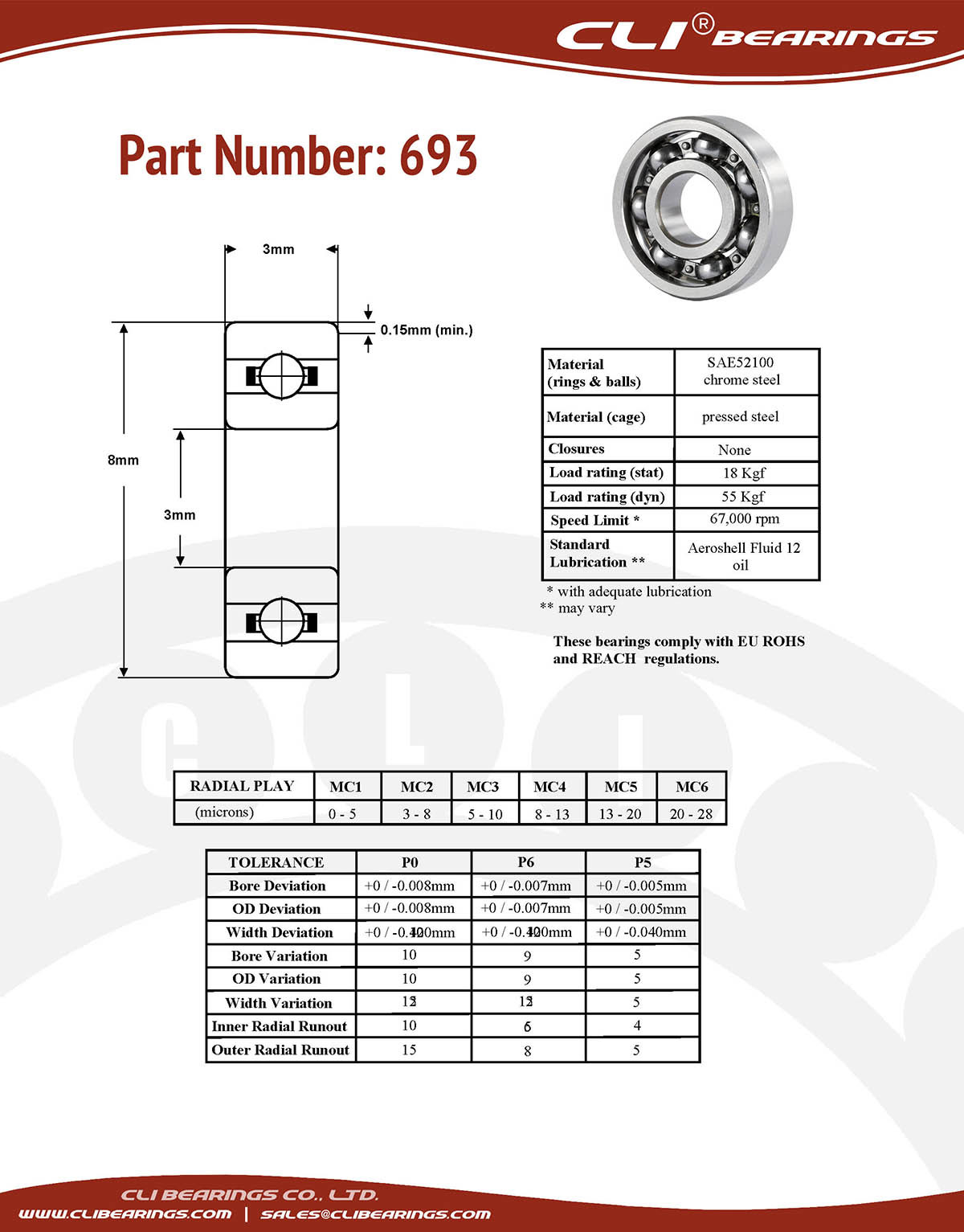 Original 693 miniature bearing 3x8x3mm open chrome aisi52100   cli bearings co ltd nw