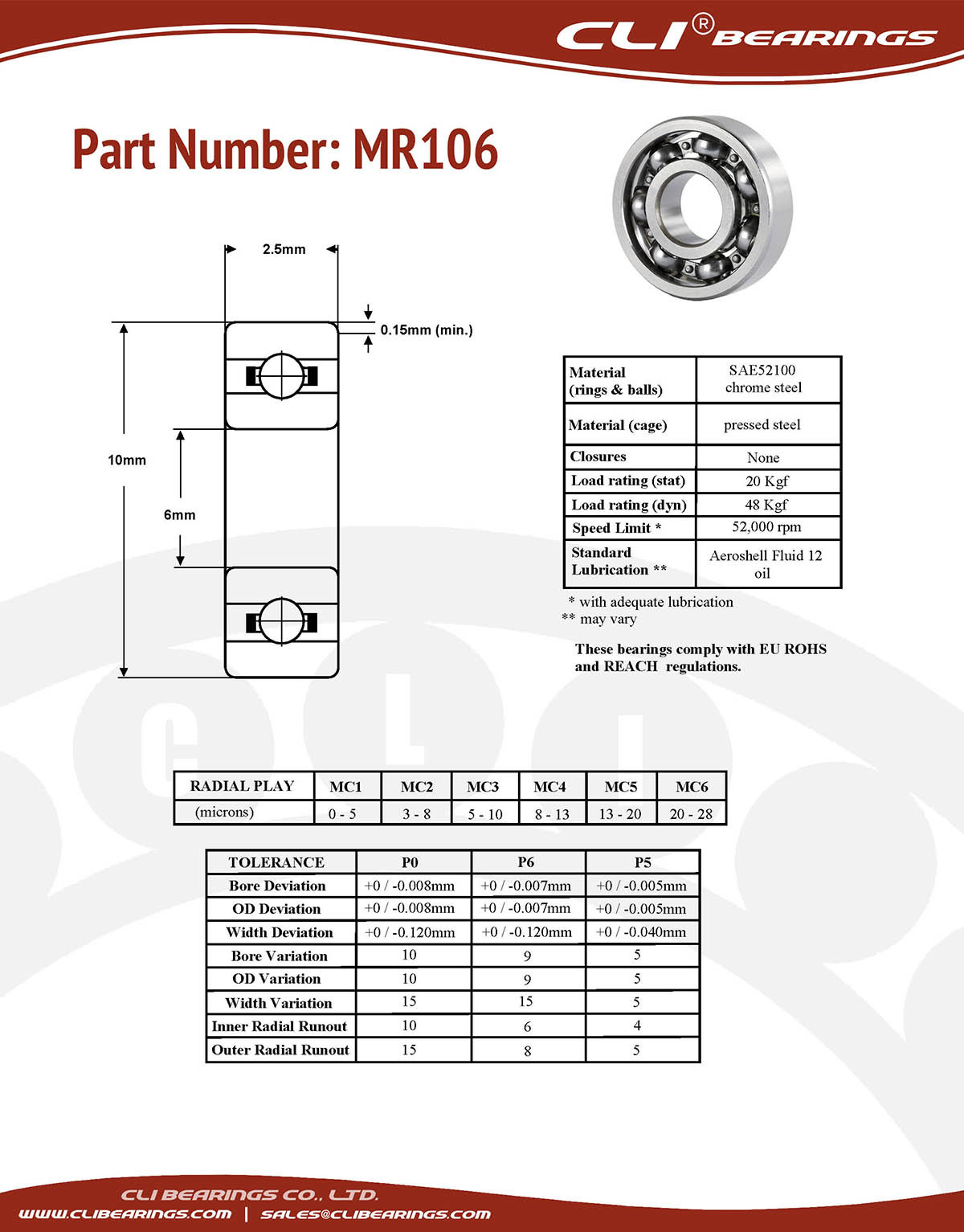 Original mr106 miniature bearing 6x10x2 5mm open chrome aisi52100   cli bearings co ltd nw