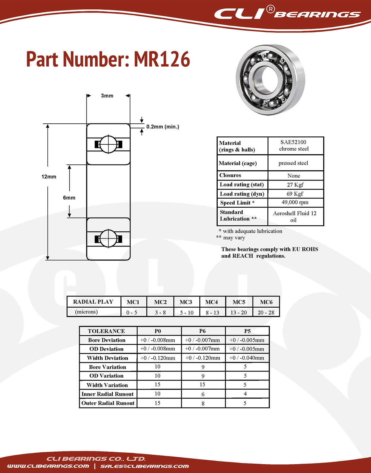 Original mr126 miniature bearing 6x12x3mm open chrome aisi52100   cli bearings co ltd nw