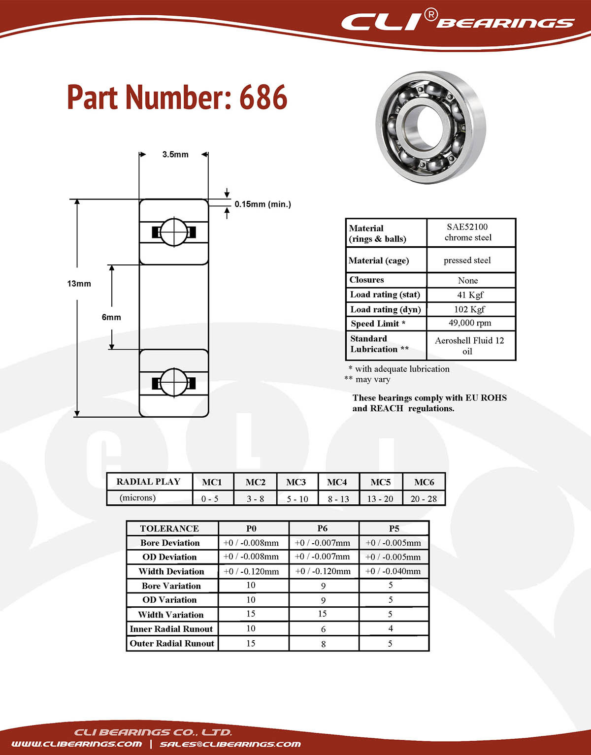Original 686 miniature bearing 6x13x3 5mm open chrome aisi52100   cli bearings co ltd nw