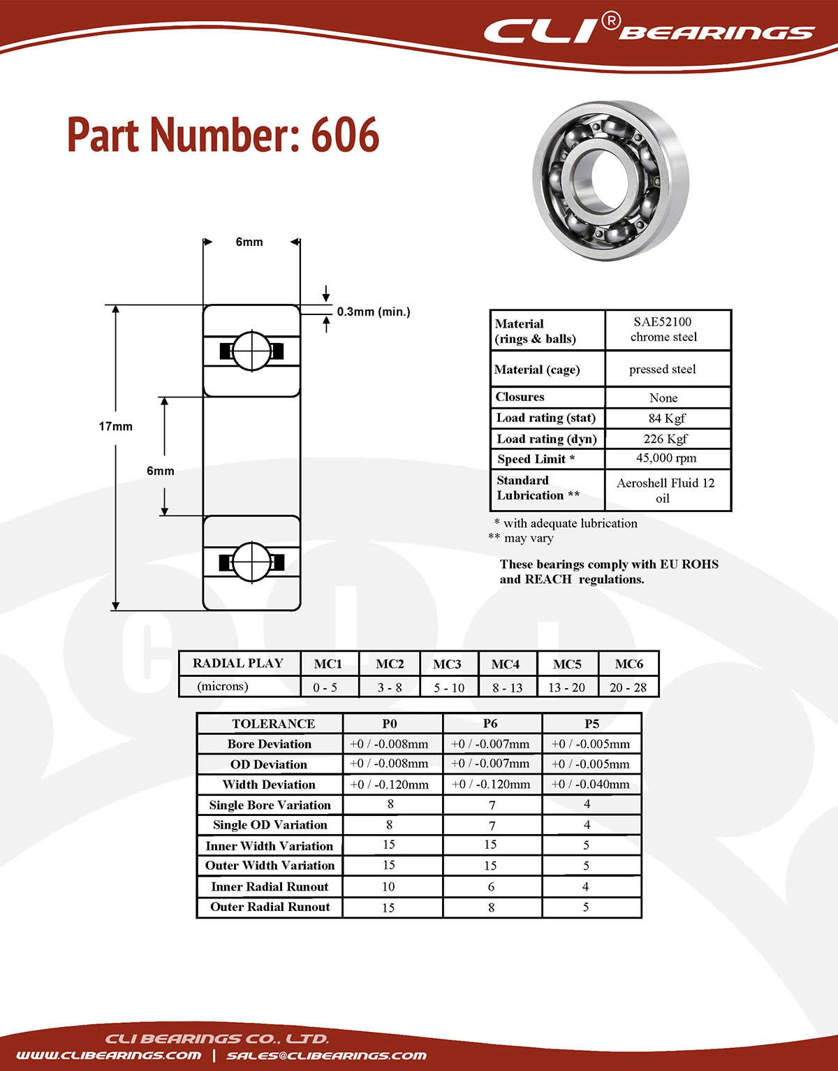 Original 606 miniature bearing 6x17x6mm open chrome aisi52100   cli bearings co ltd nw