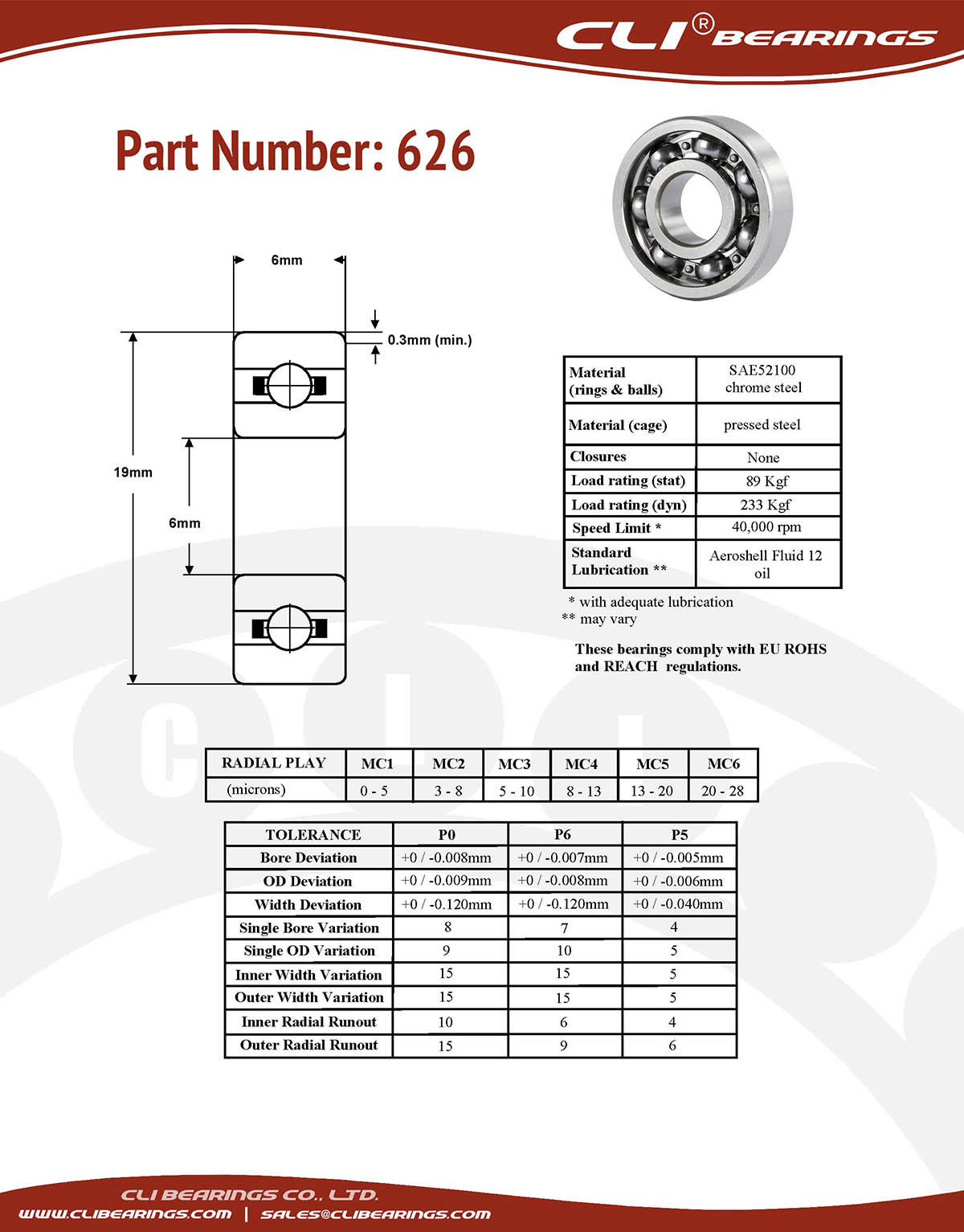 Original 626 miniature bearing 6x19x6mm open chrome aisi52100   cli bearings co ltd nw