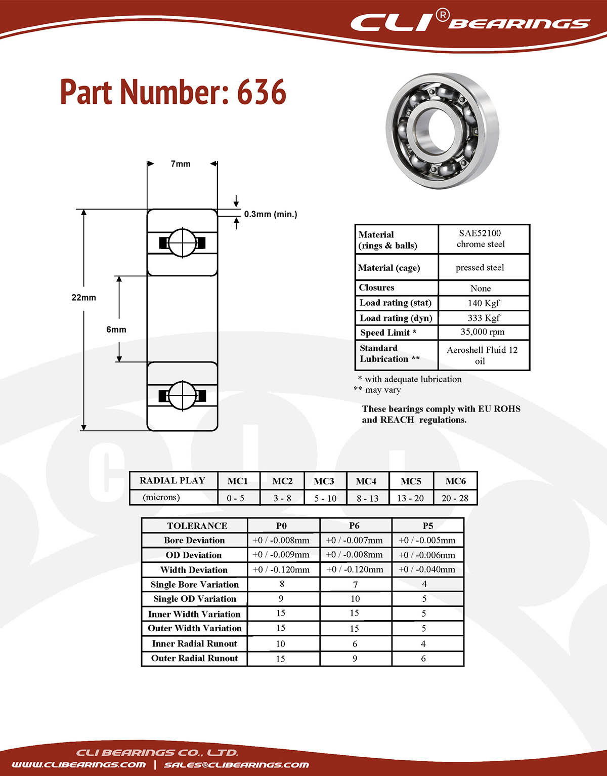 Original 636 miniature bearing 6x22x7mm open chrome aisi52100   cli bearings co ltd nw