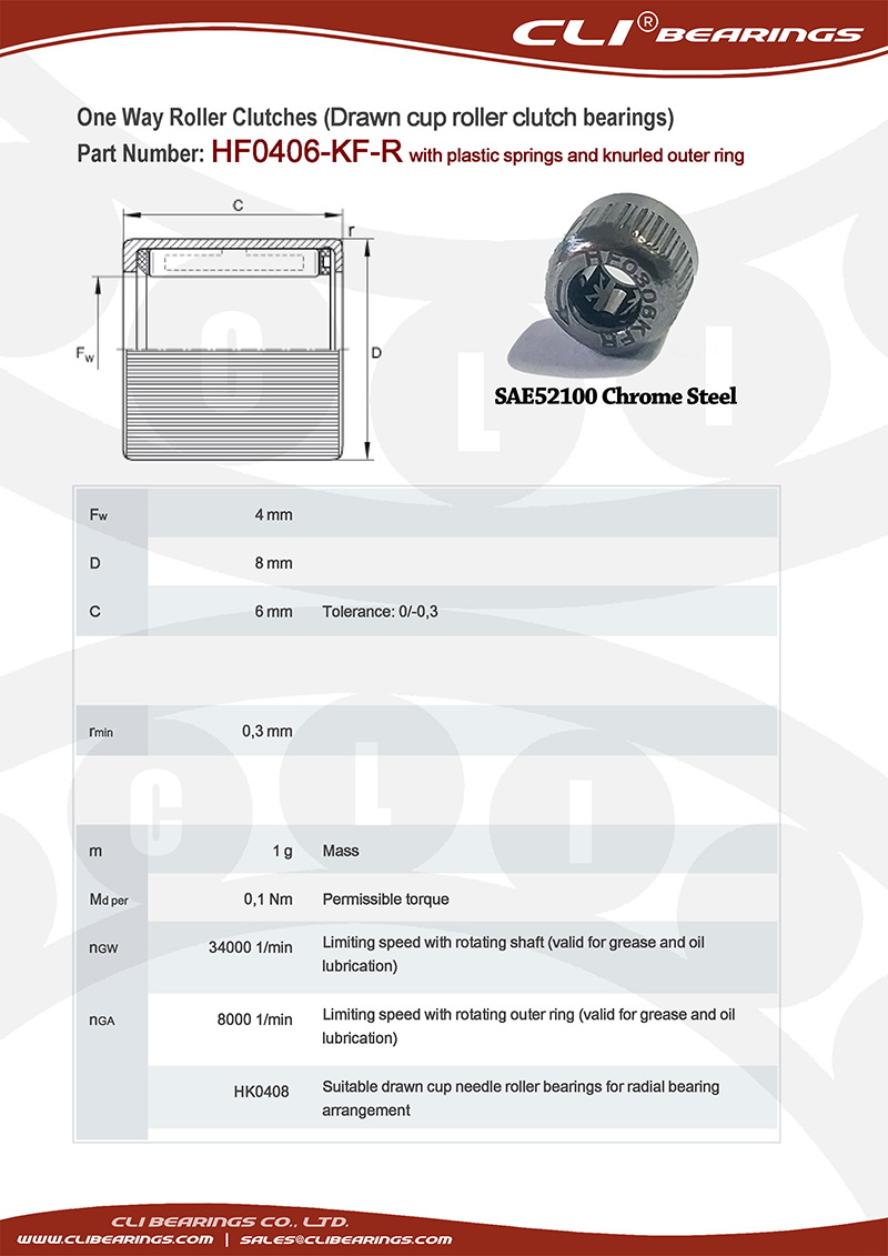 Original hf0406 kfr 4x8x6 mm one way roller clutch bearing with plastic springs and knurled outer ring   cli bearings co ltd nw