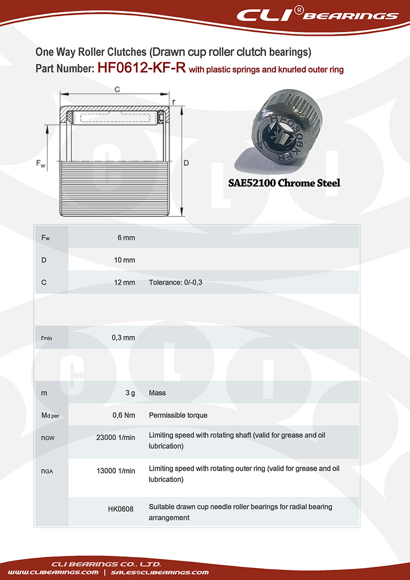 Original hf0612 kfr 6x10x12 mm one way roller clutch bearing with plastic springs and knurled outer ring   cli bearings co ltd nw