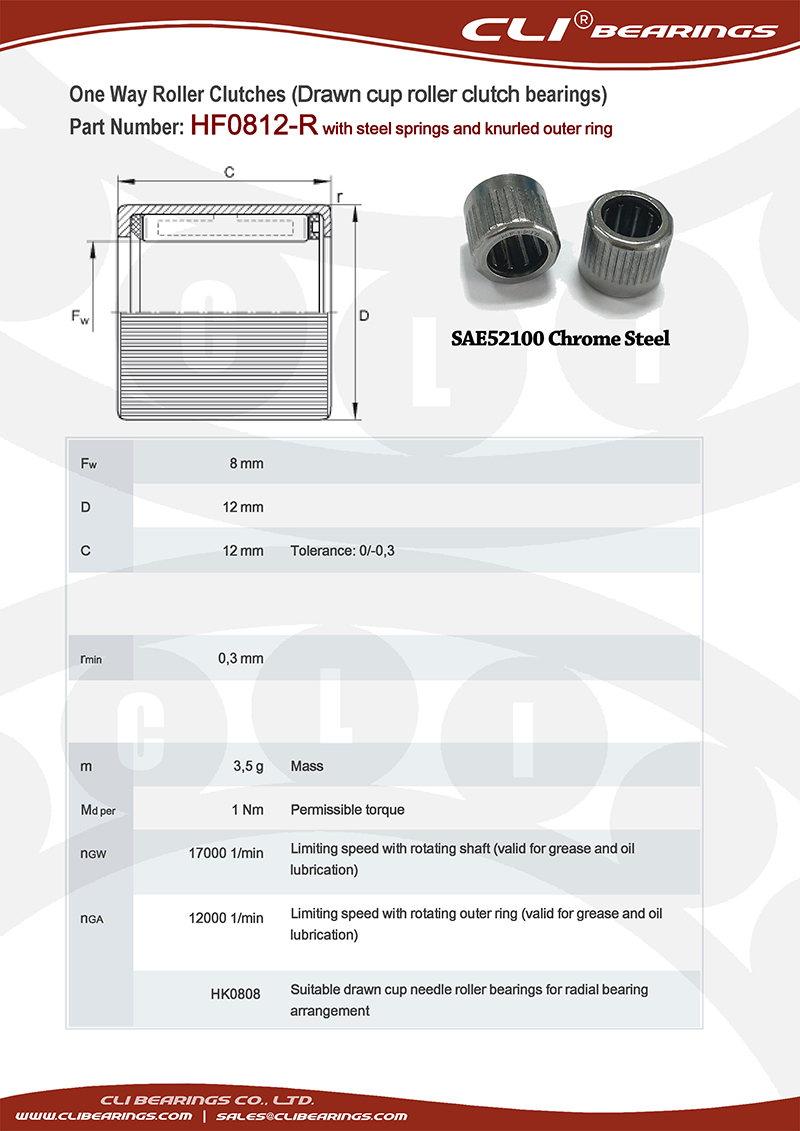 Original hf0812 r 8x12x12 mm one way roller clutch bearing with steel springs and knurled outer ring   cli bearings co ltd nw