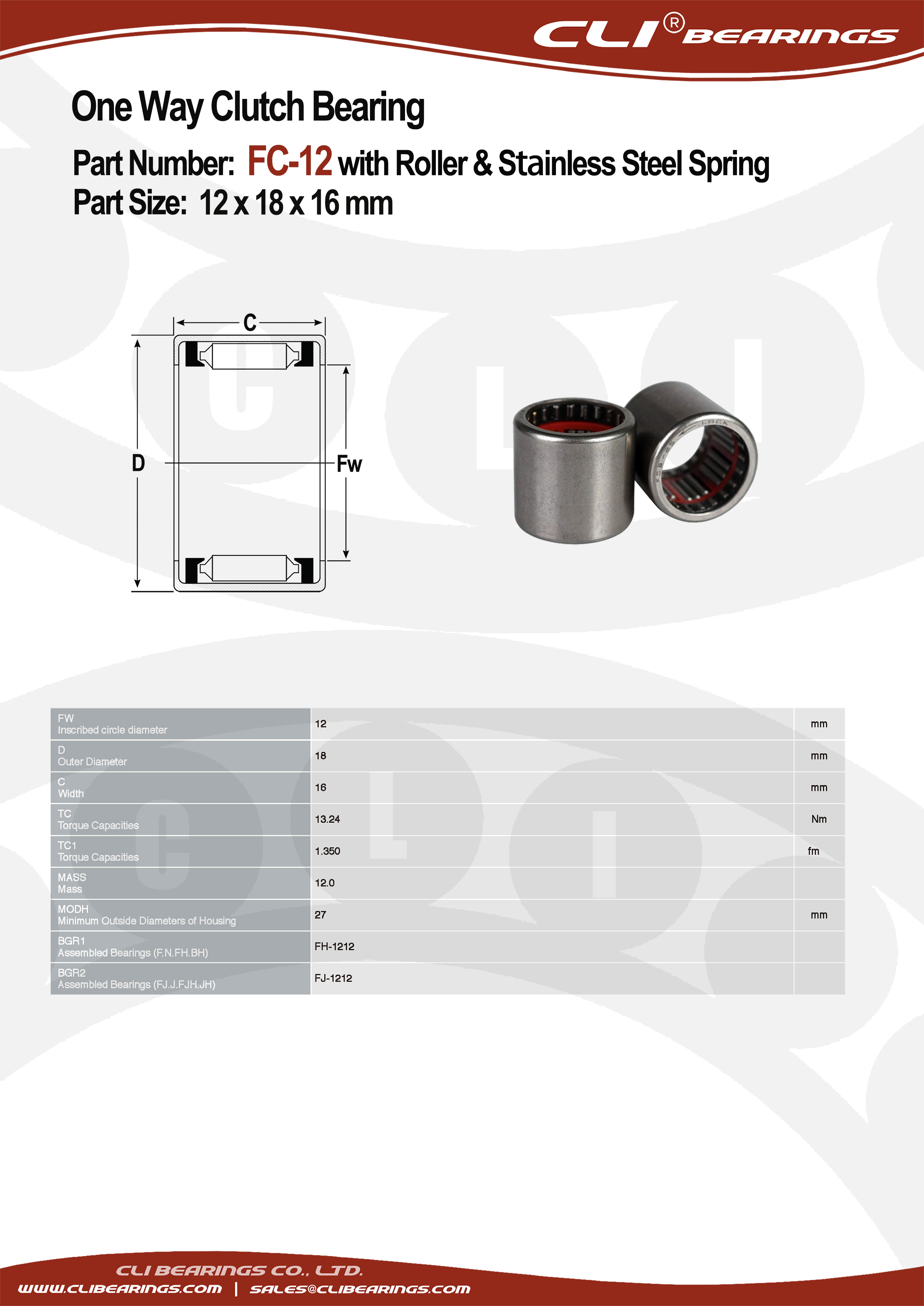 Original fc 12 12x18x16 mm one way clutch bearing with roller stainless steel spring   cli bearings co ltd nw