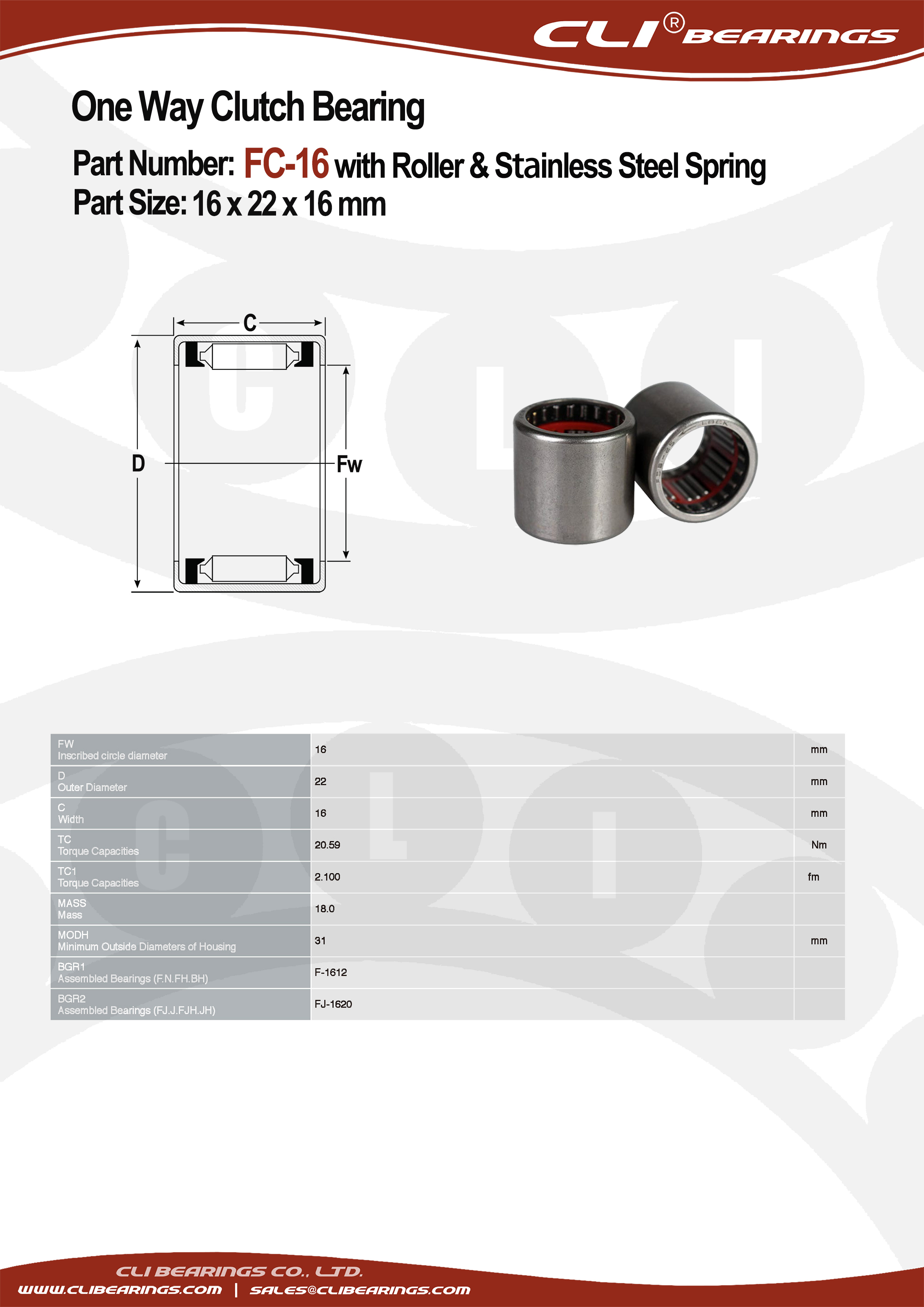 Original fc 16 16x22x16 mm one way clutch bearing with roller stainless steel spring   cli bearings co ltd nw