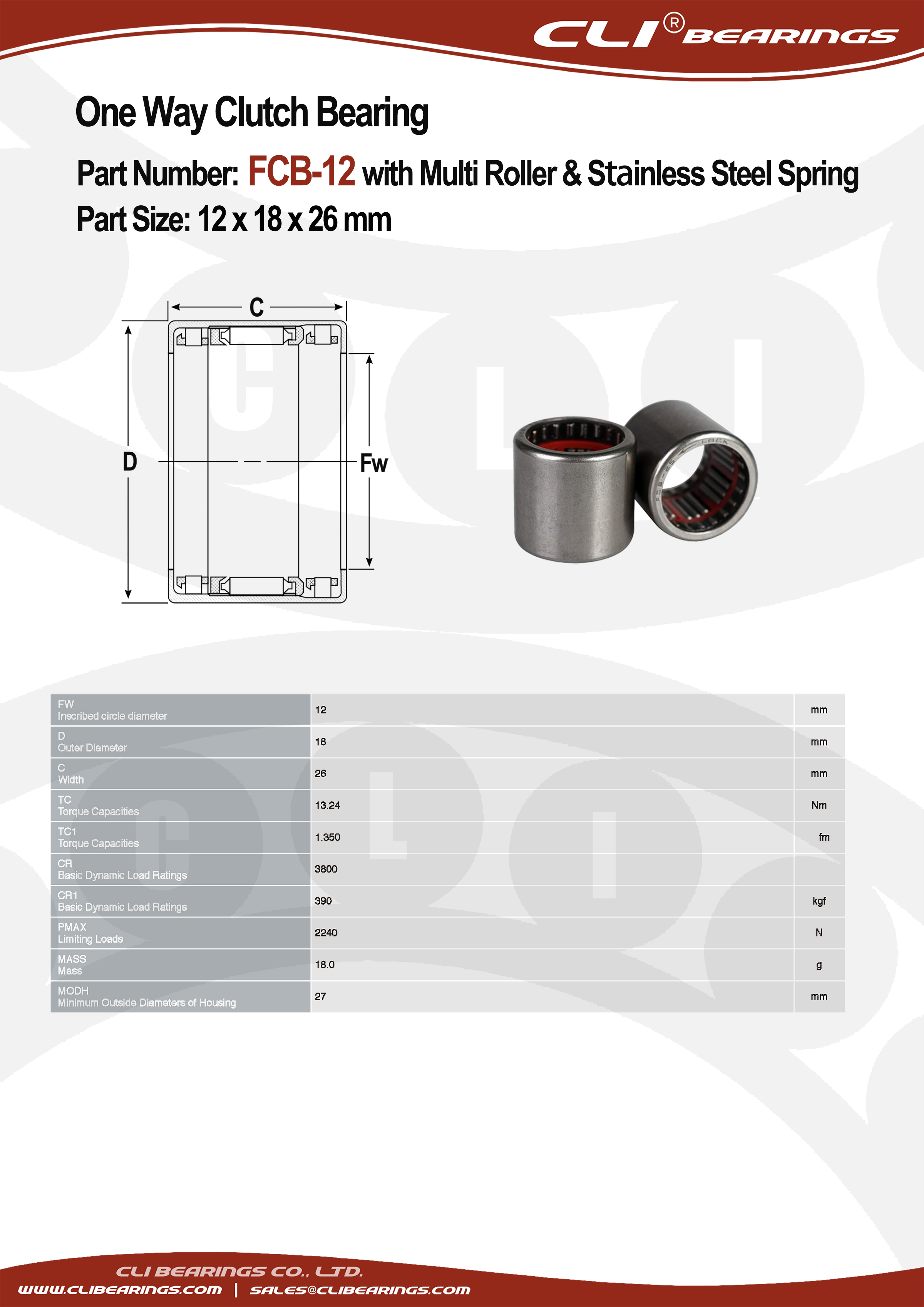 Original fcb 12 12x18x26 mm one way clutch bearing with multi roller stainless steel spring   cli bearings co ltd nw