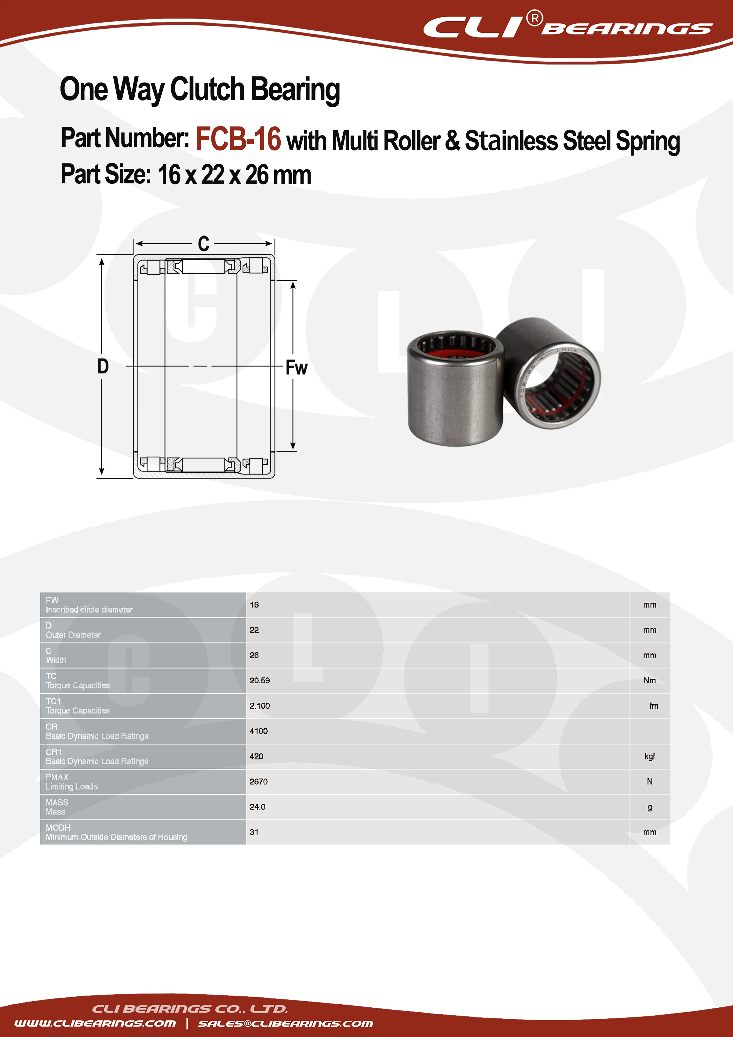 Original fcb 16 16x22x26 mm one way clutch bearing with multi roller stainless steel spring   cli bearings co ltd nw