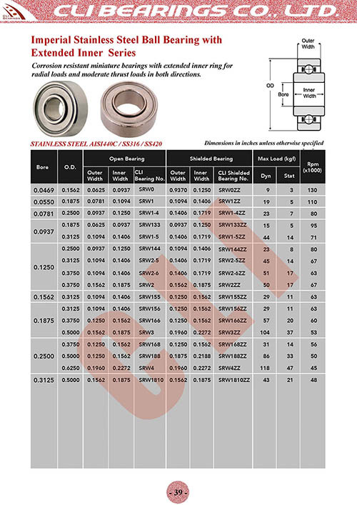 Original 5 miniature bearings with extended inner ring stainless steel aisi440c inch sizes nw