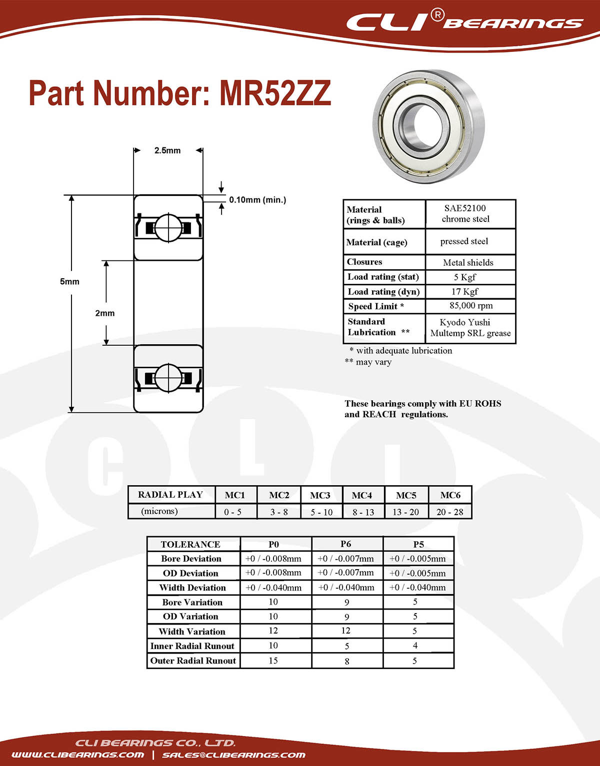 Original mr52zz miniature bearing 2x5x2 5mm double shielded chrome aisi52100   cli bearings co ltd nw