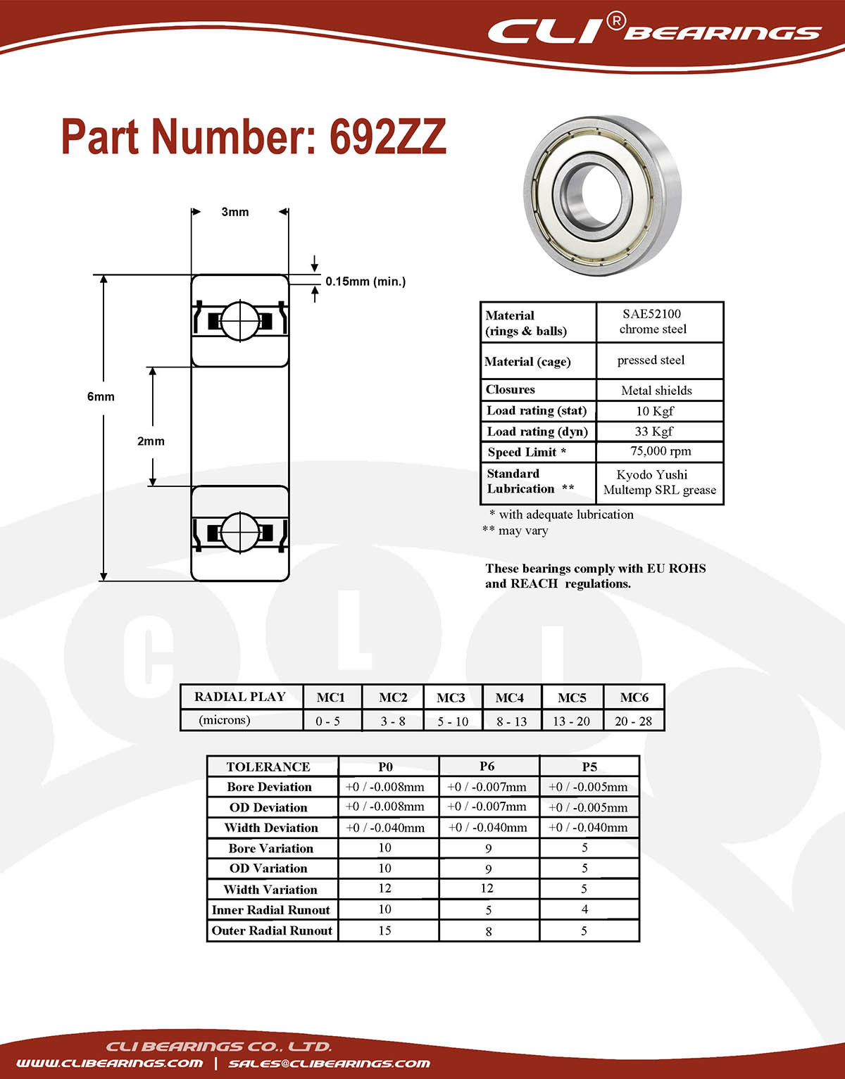 Original 692zz miniature bearing 2x6x3mm double shielded chrome aisi52100   cli bearings co ltd nw