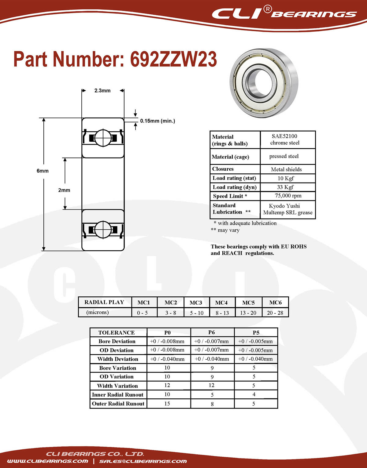 Original 692zzw23 miniature bearing 2x6x2 3mm double shielded chrome aisi52100   cli bearings co ltd nw