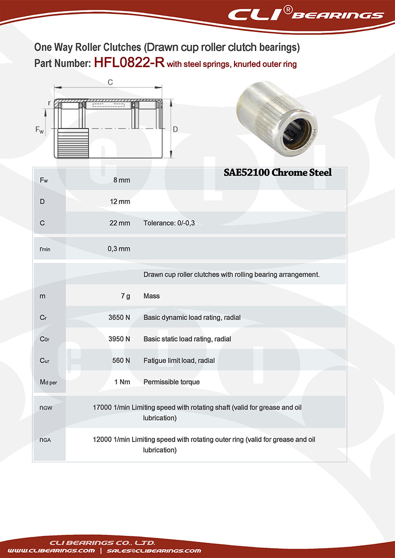 Original hfl0822 r 8x12x22 mm one way roller clutch bearing with steel springs and knurled outer ring   cli bearings co ltd nw