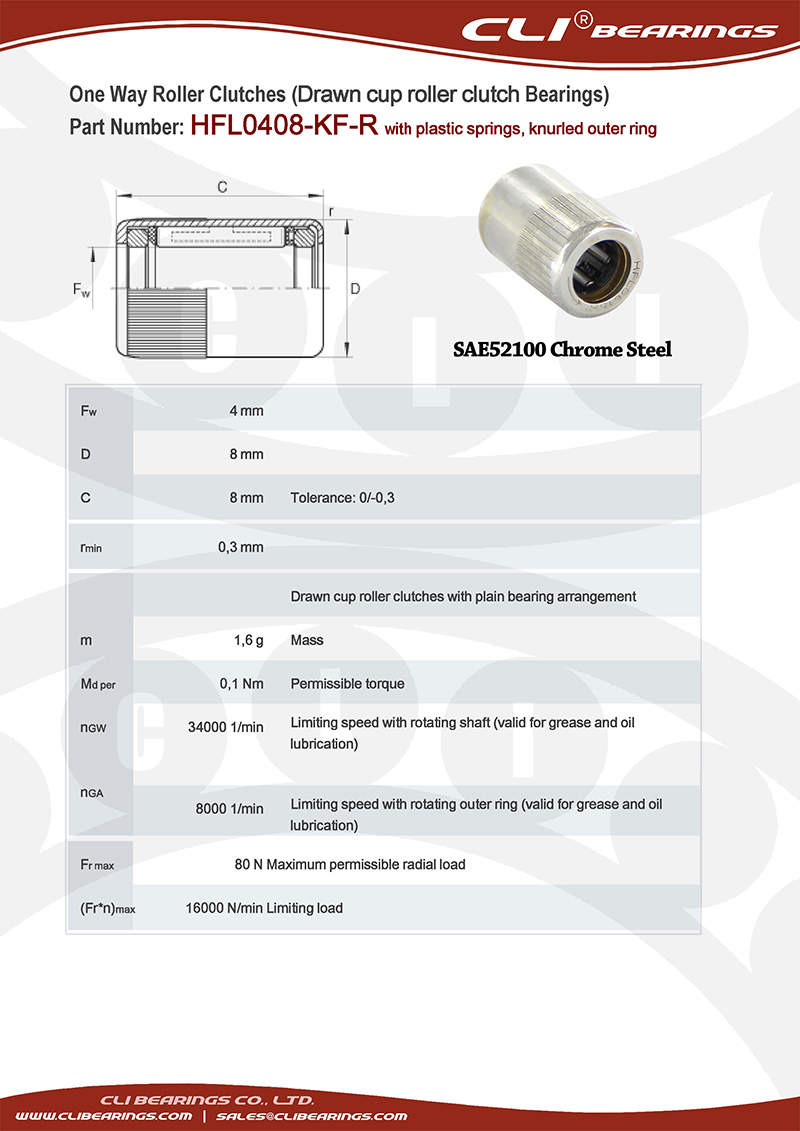 Original hfl0408 kfr 4x8x8 mm one way roller clutch bearing with plastic springs and knurled outer ring   cli bearings co ltd nw