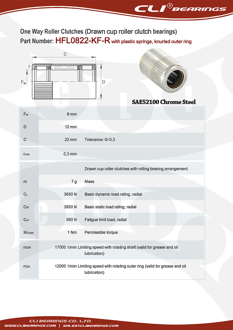 Original hfl0822 kfr 8x12x22 mm one way roller clutch bearing with plastic springs and knurled outer ring   cli bearings co ltd nw