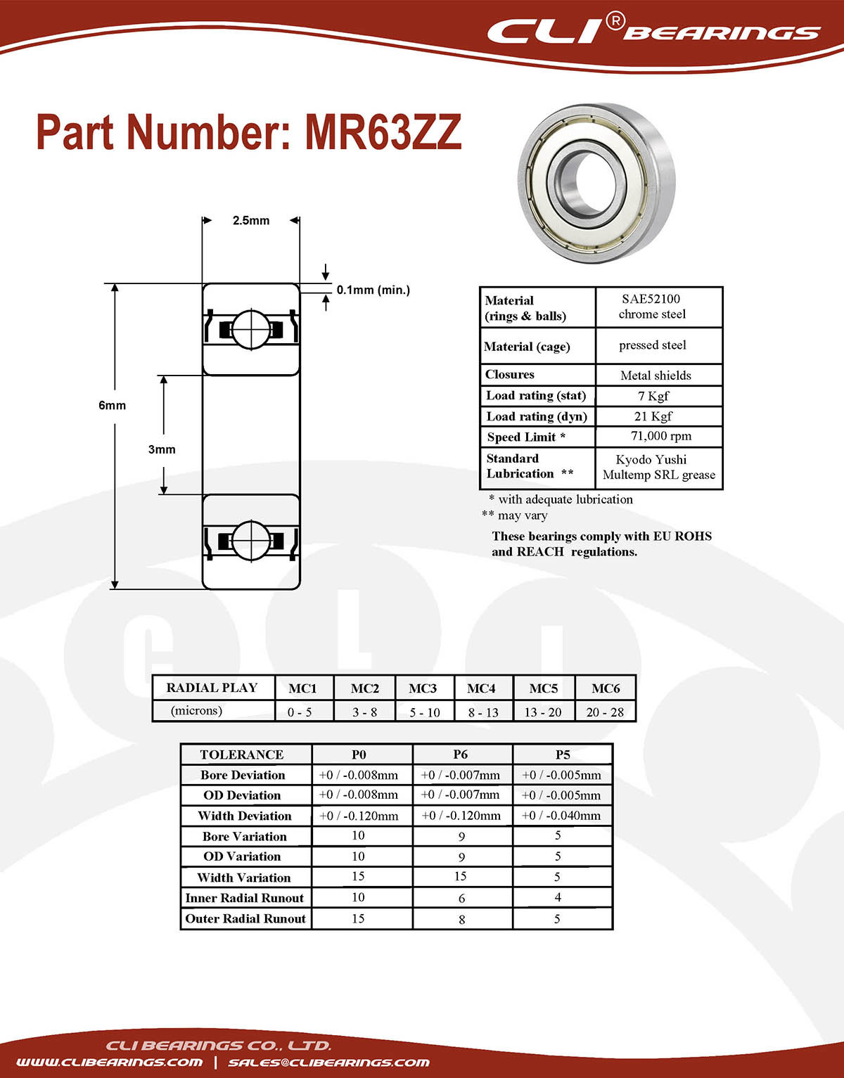 Original mr63zz miniature bearing 3x6x2 5mm double shielded chrome aisi52100   cli bearings co ltd nw