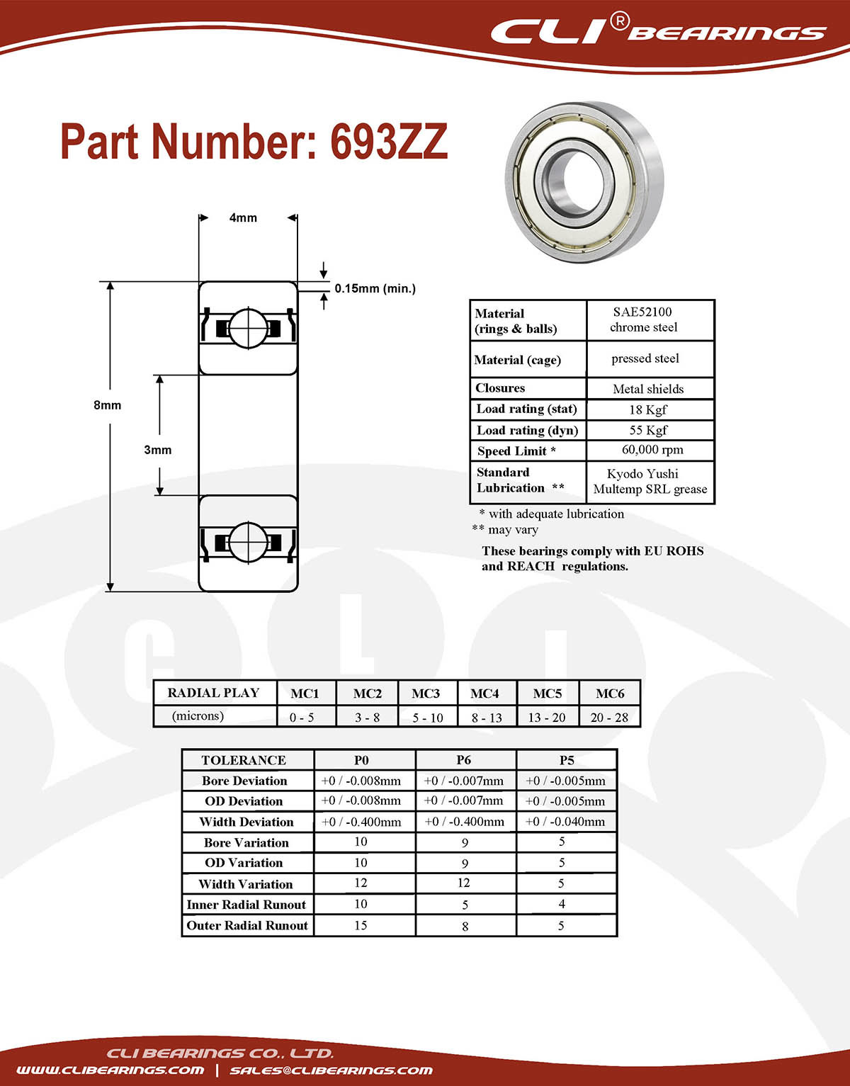 Original 693zz miniature bearing 3x8x4mm double shielded chrome aisi52100   cli bearings co ltd nw