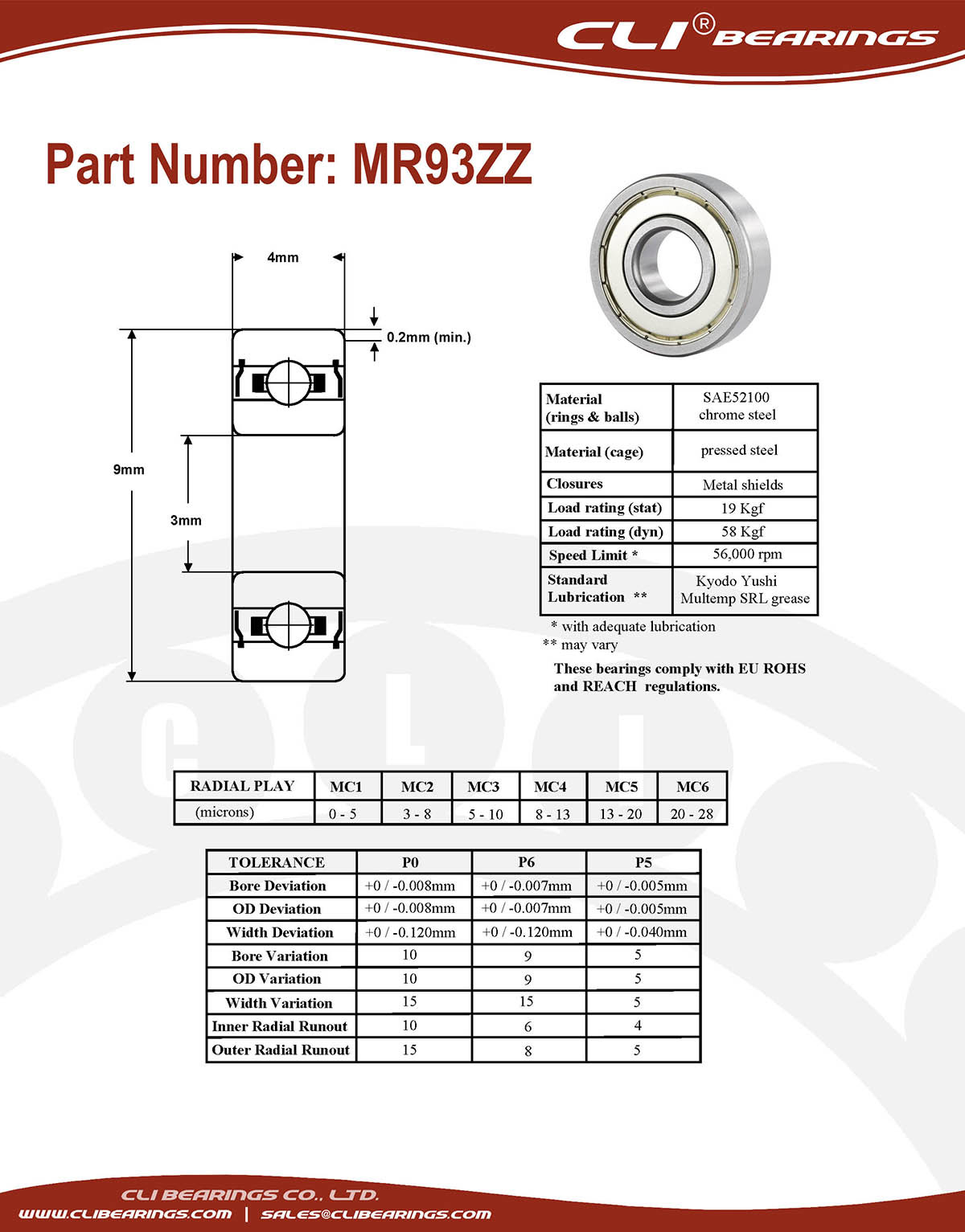 Original mr93zz miniature bearing 3x9x4mm double shielded chrome aisi52100   cli bearings co ltd nw