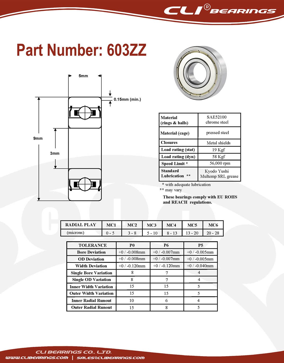 Original 603zz miniature bearing 3x9x5mm double shielded chrome aisi52100   cli bearings co ltd nw