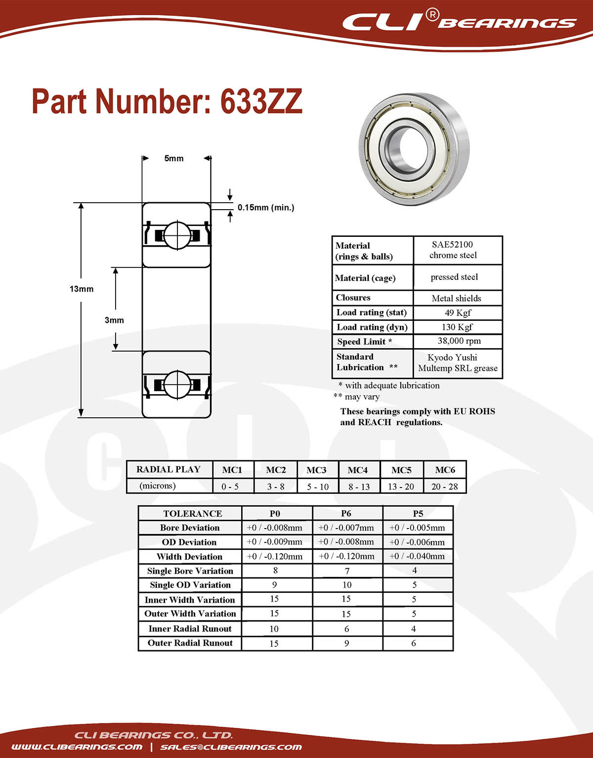 Original 633zz miniature bearing 3x13x5mm double shielded chrome aisi52100   cli bearings co ltd nw