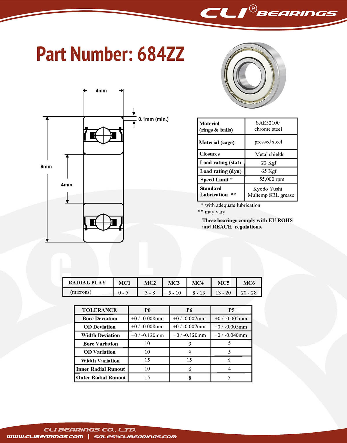 Original 684zz miniature bearing 4x9x4mm double shielded chrome aisi52100   cli bearings co ltd nw