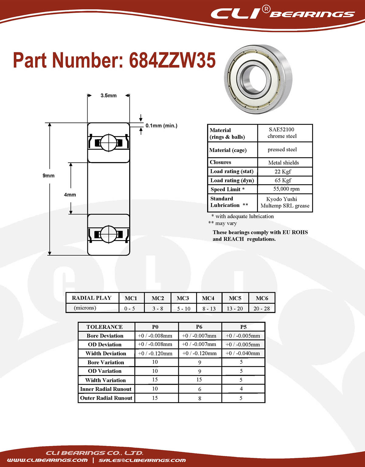 Original 684zzw35 miniature bearing 4x9x3 5mm double shielded chrome aisi52100   cli bearings co ltd nw