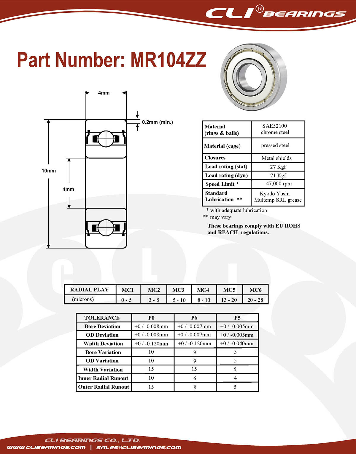 Original mr104zz miniature bearing 4x10x4mm double shielded chrome aisi52100   cli bearings co ltd nw