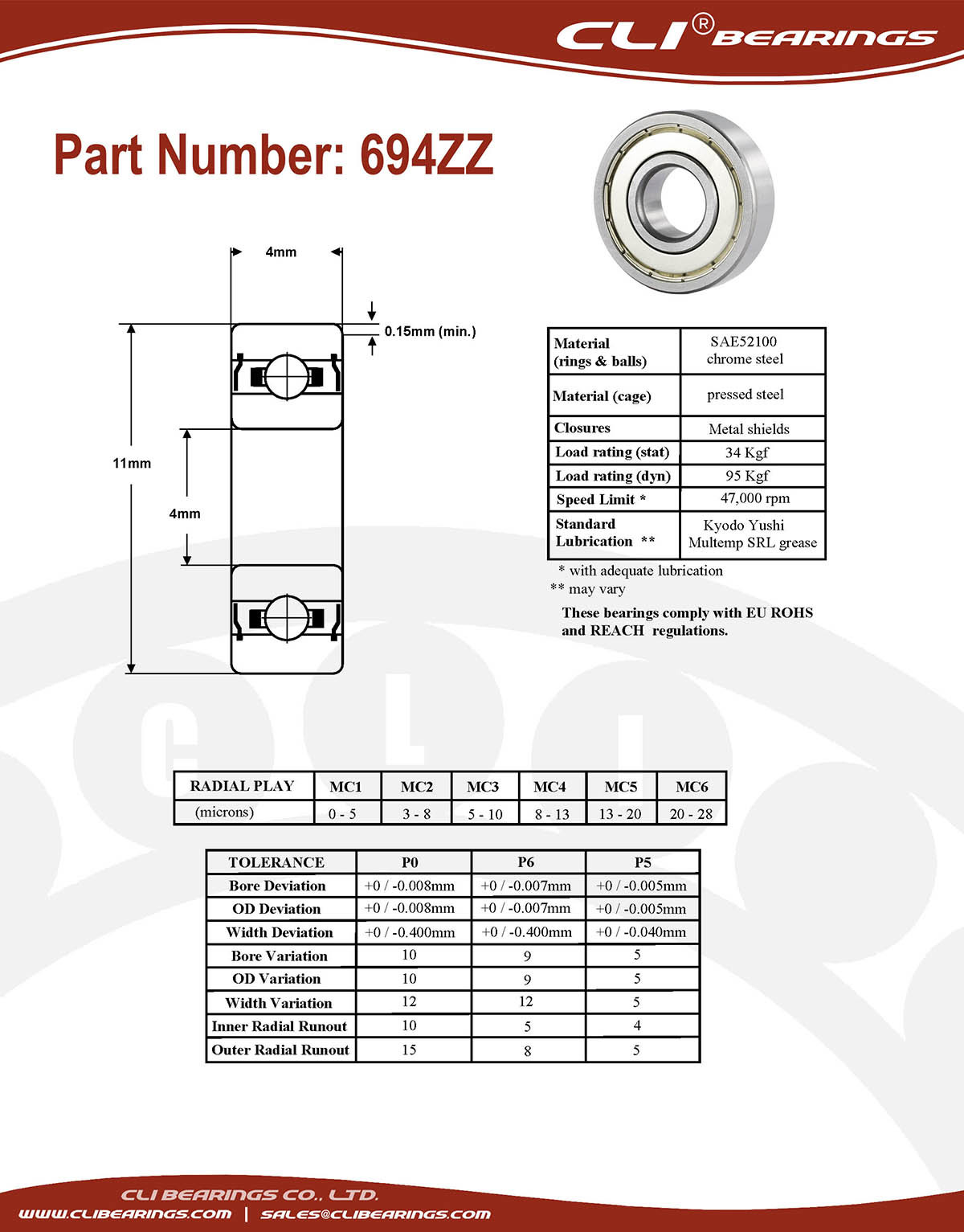Original 694zz miniature bearing 4x11x4mm double shielded chrome aisi52100   cli bearings co ltd nw