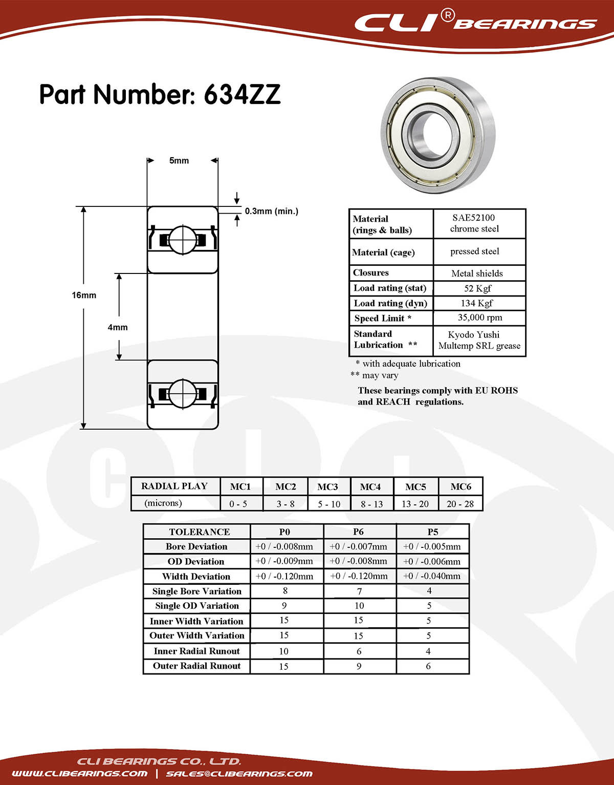 Original 634zz miniature bearing 4x16x5mm double shielded chrome aisi52100   cli bearings co ltd nw