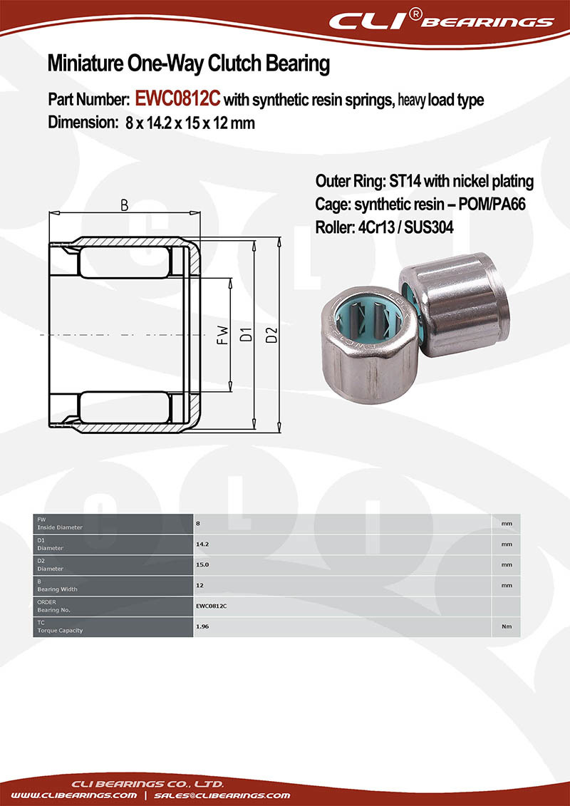 Original ewc0812c 8x14 2x15x12 mm miniature one way clutch bearing with resin springs rust prevention heavy load type   cli bearings co ltd nw