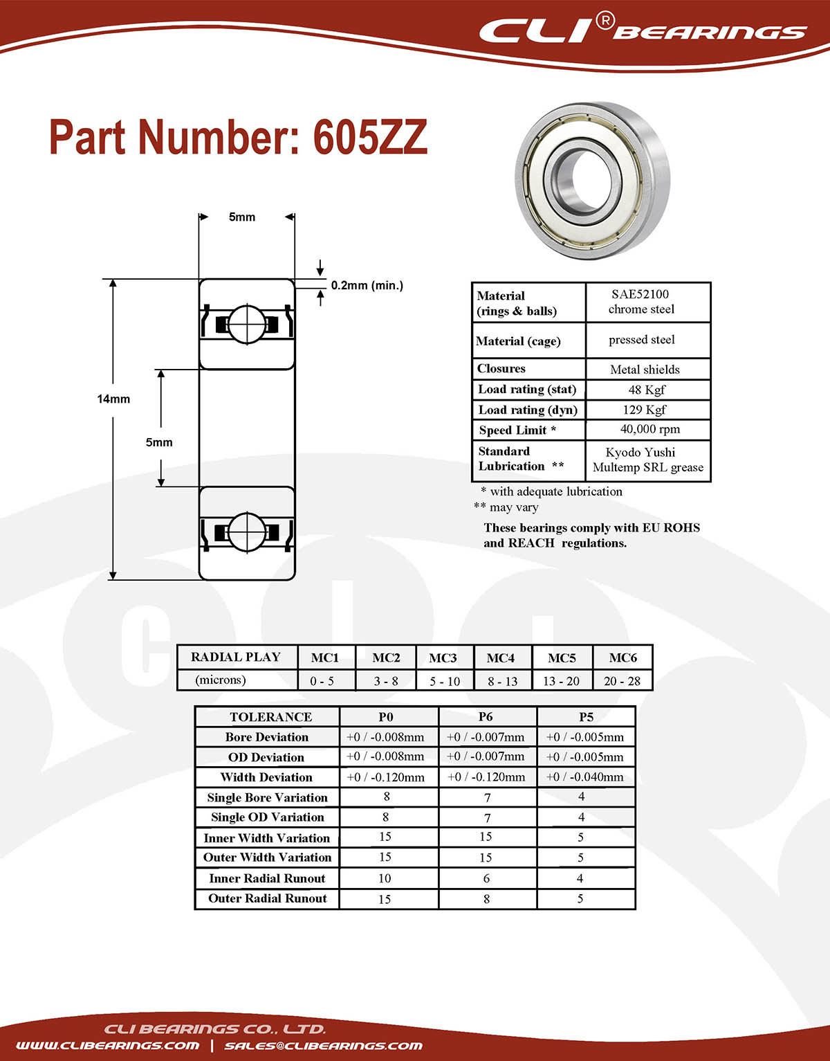 Original 605zz miniature bearing 5x14x5mm double shielded chrome aisi52100   cli bearings co ltd nw