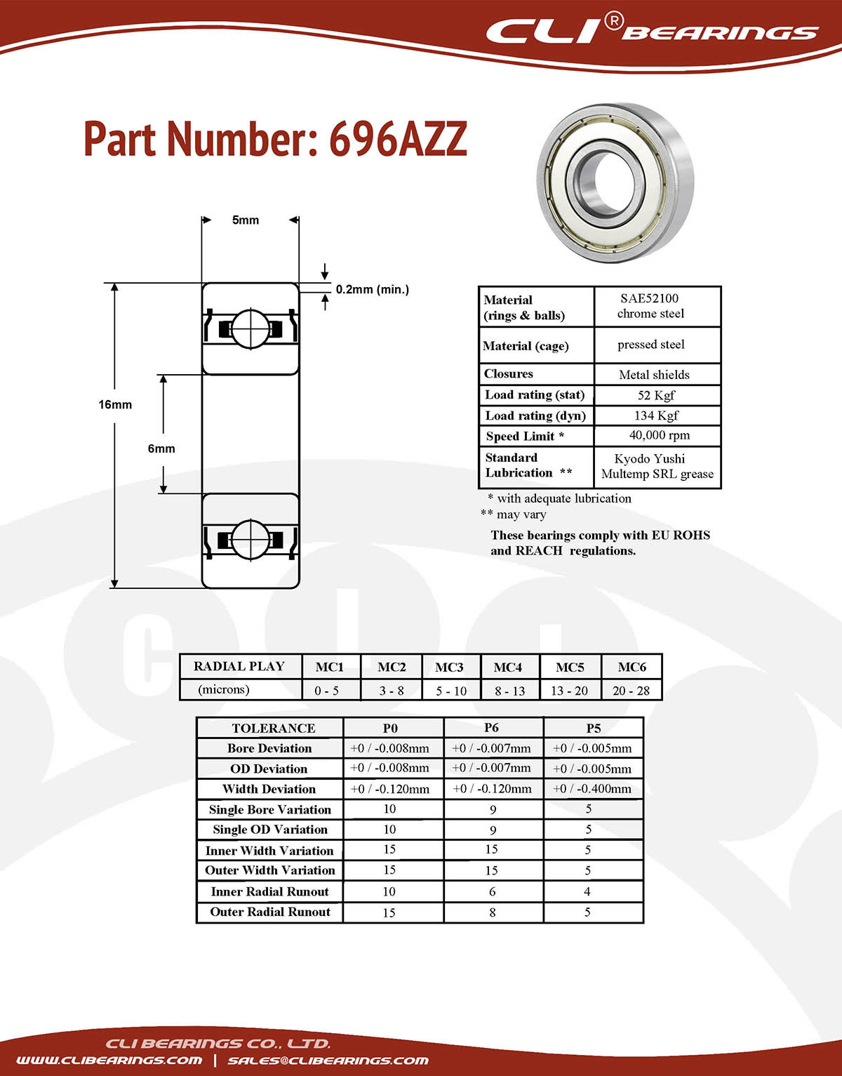 Original 696azz miniature bearing 6x16x5mm double shielded chrome aisi52100   cli bearings co ltd nw