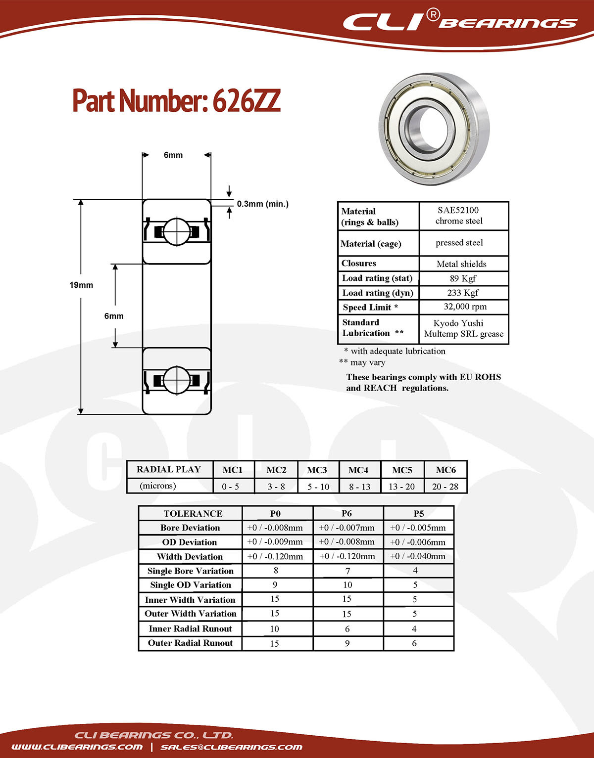 Original 626zz miniature bearing 6x19x6mm double shielded chrome aisi52100   cli bearings co ltd nw