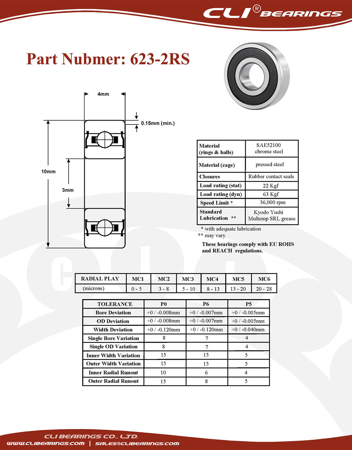 Original 623 2rs miniature bearing 3x10x4mm double sealed chrome aisi52100   cli bearings co ltd nw