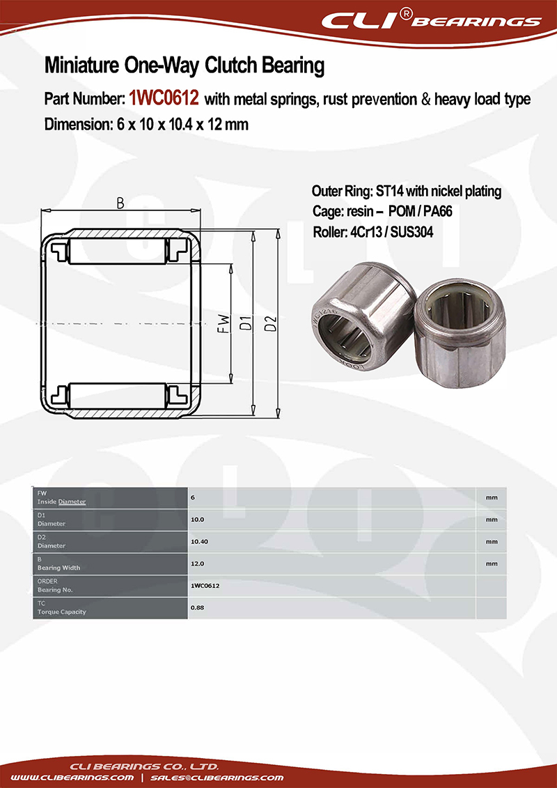 Original 1wc0612 6x10x10 4x12 mm miniature one way clutch bearing with metal springs rust prevention heavy load type   cli bearings co ltd nw