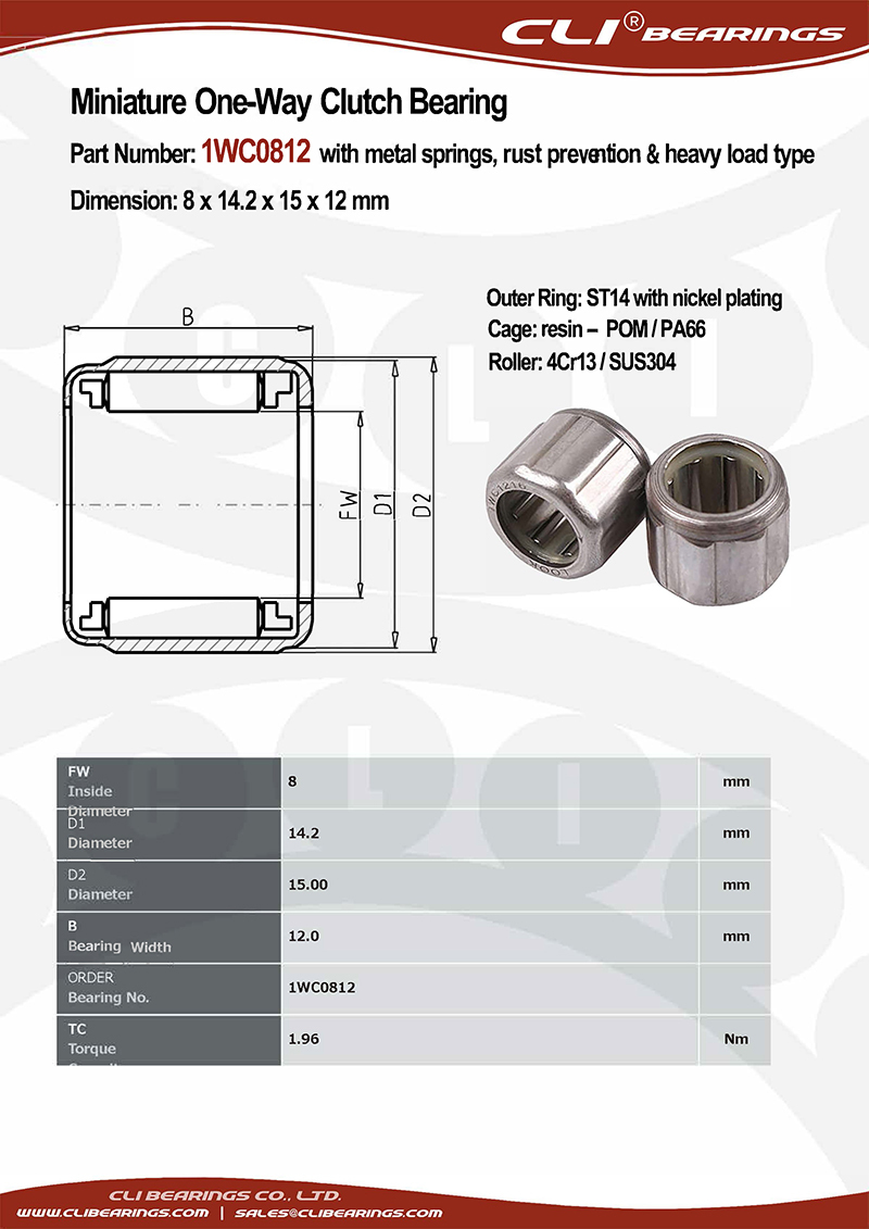 Original 1wc0812 8x14 2x15x12 mm miniature one way clutch bearing with metal springs rust prevention heavy load type   cli bearings co ltd nw