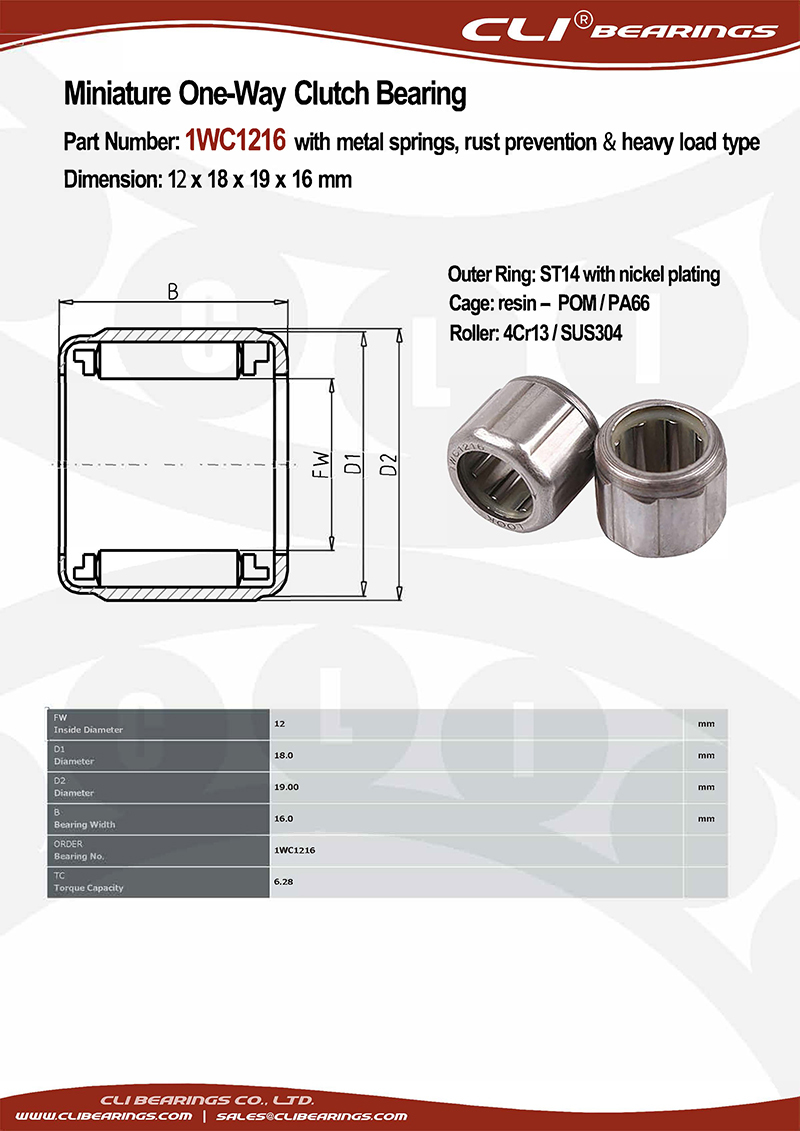 Original 1wc1216 12x18x19x16 mm miniature one way clutch bearing with metal springs rust prevention heavy load type   cli bearings co ltd nw