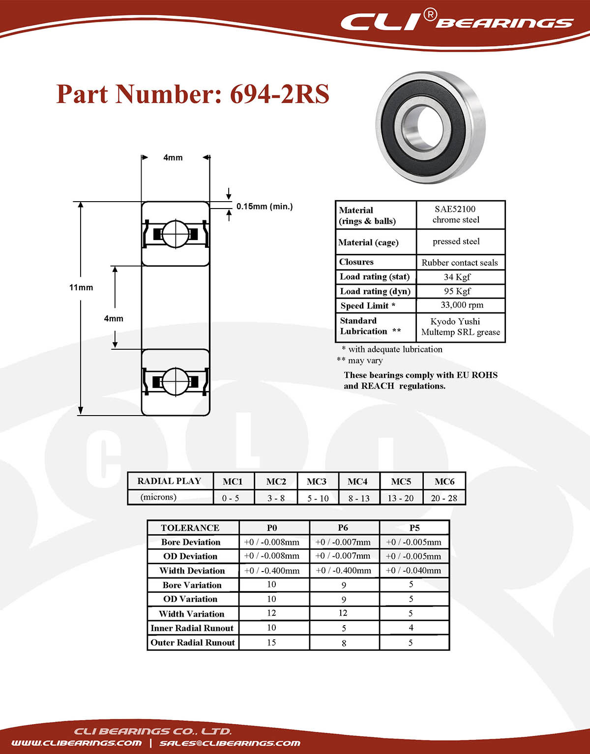 Original 694 2rs miniature bearing 4x11x4mm double sealed chrome aisi52100   cli bearings co ltd nw