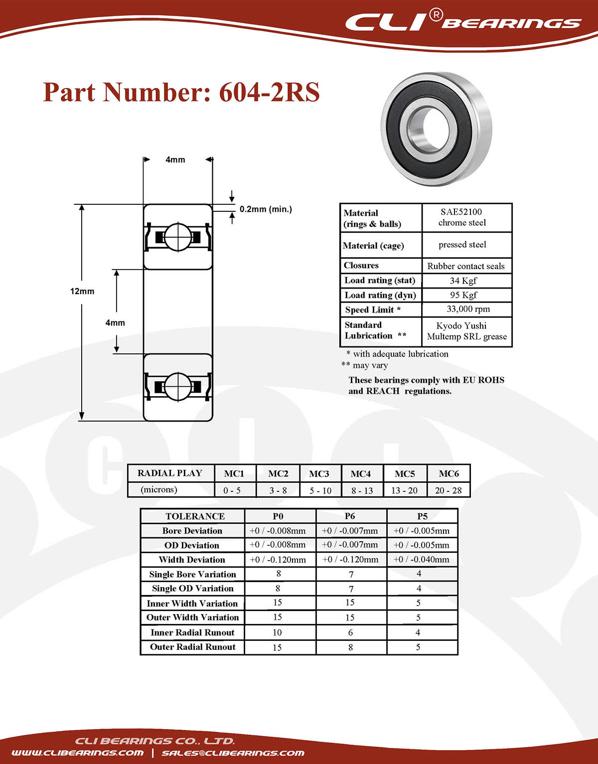 Original 604 2rs miniature bearing 4x12x4mm double sealed chrome aisi52100   cli bearings co ltd nw