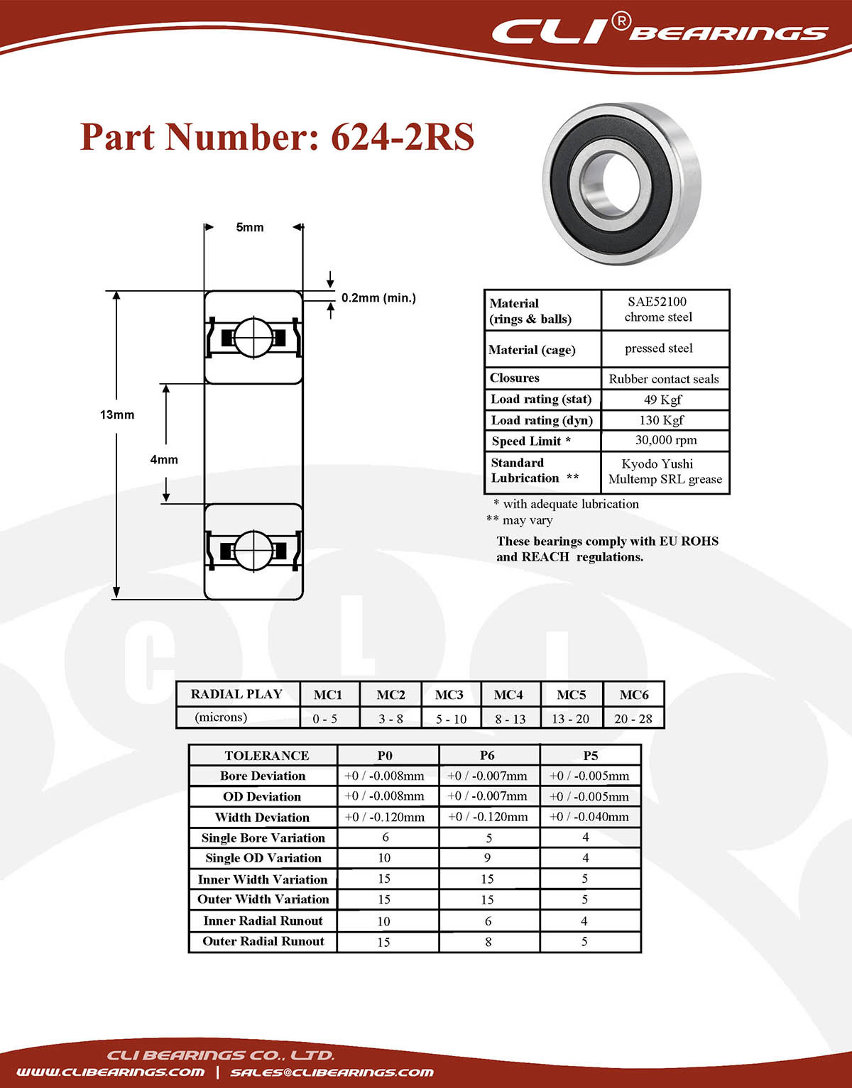 Original 624 2rs miniature bearing 4x13x5mm double sealed chrome aisi52100   cli bearings co ltd nw