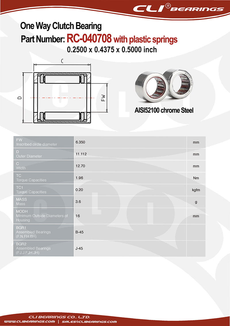 Original rc 040708 0 2500 x 0 4375 x 0 5000 inch one way roller clutch bearing with plastic springs   cli bearings co ltd nw