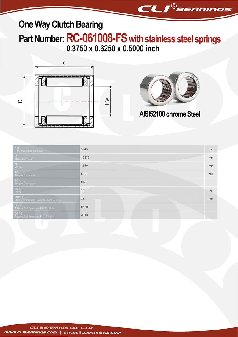 Original rc 061008 fs 0 3750 x 0 6250 x 0 5000 inch one way roller clutch bearing with stainless steel springs   cli bearings co ltd nw