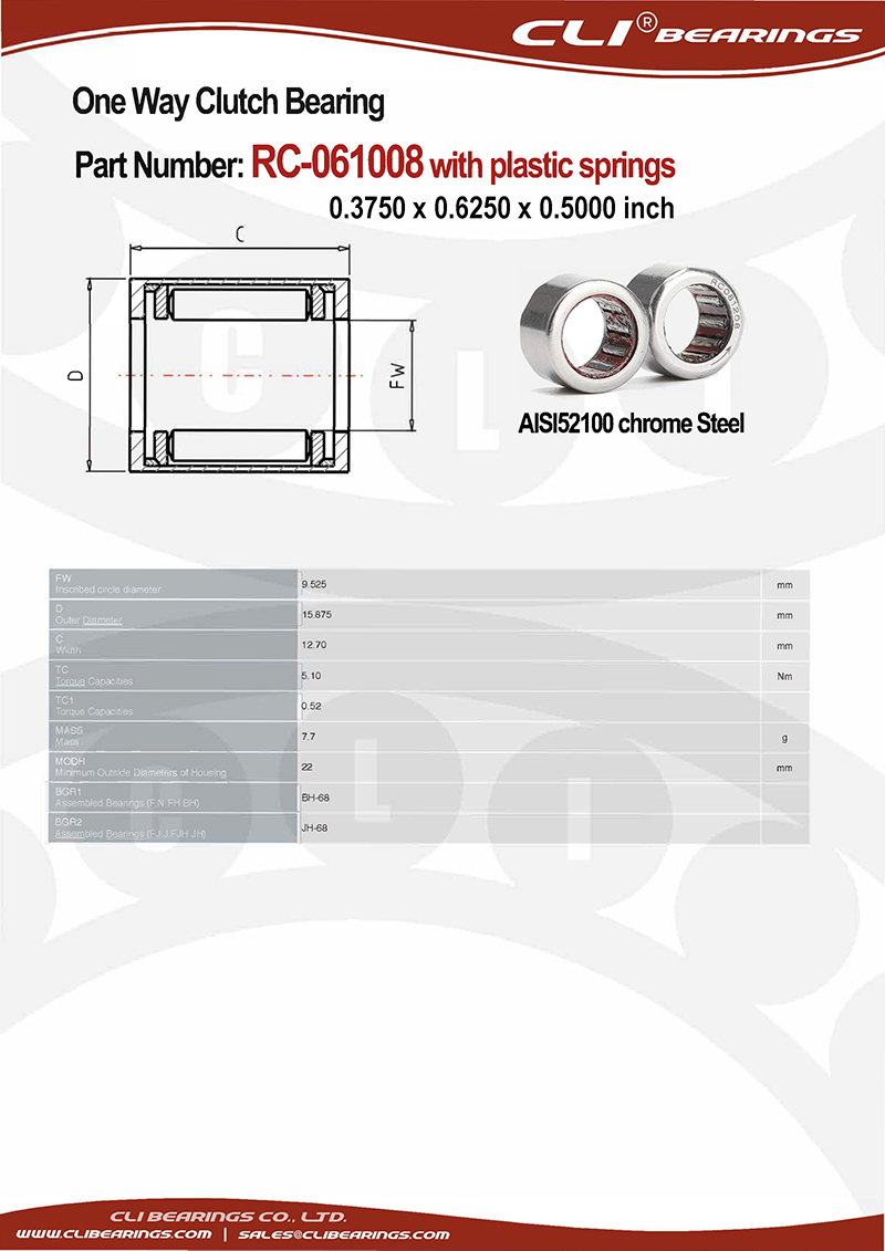 Original rc 061008 0 3750 x 0 6250 x 0 5000 inch one way roller clutch bearing with plastic springs   cli bearings co ltd nw