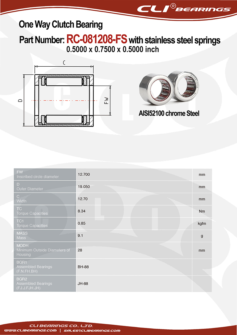 Original rc 081208 fs 0 5000 x 0 7500 x 0 5000 inch one way roller clutch bearing with stainless steel springs   cli bearings co ltd nw