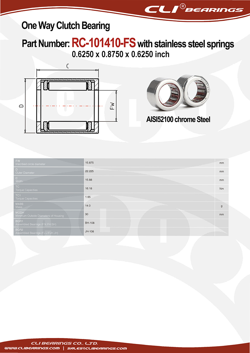 Original rc 101410 fs 0 6250 x 0 8750 x 0 6250 inch one way roller clutch bearing with stainless steel springs   cli bearings co ltd nw