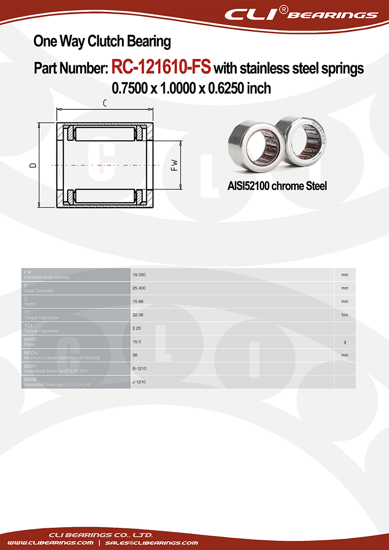 Original rc 121610 fs 0 7500 x 1 0000 x 0 6250 inch one way roller clutch bearing with stainless steel springs   cli bearings co ltd nw