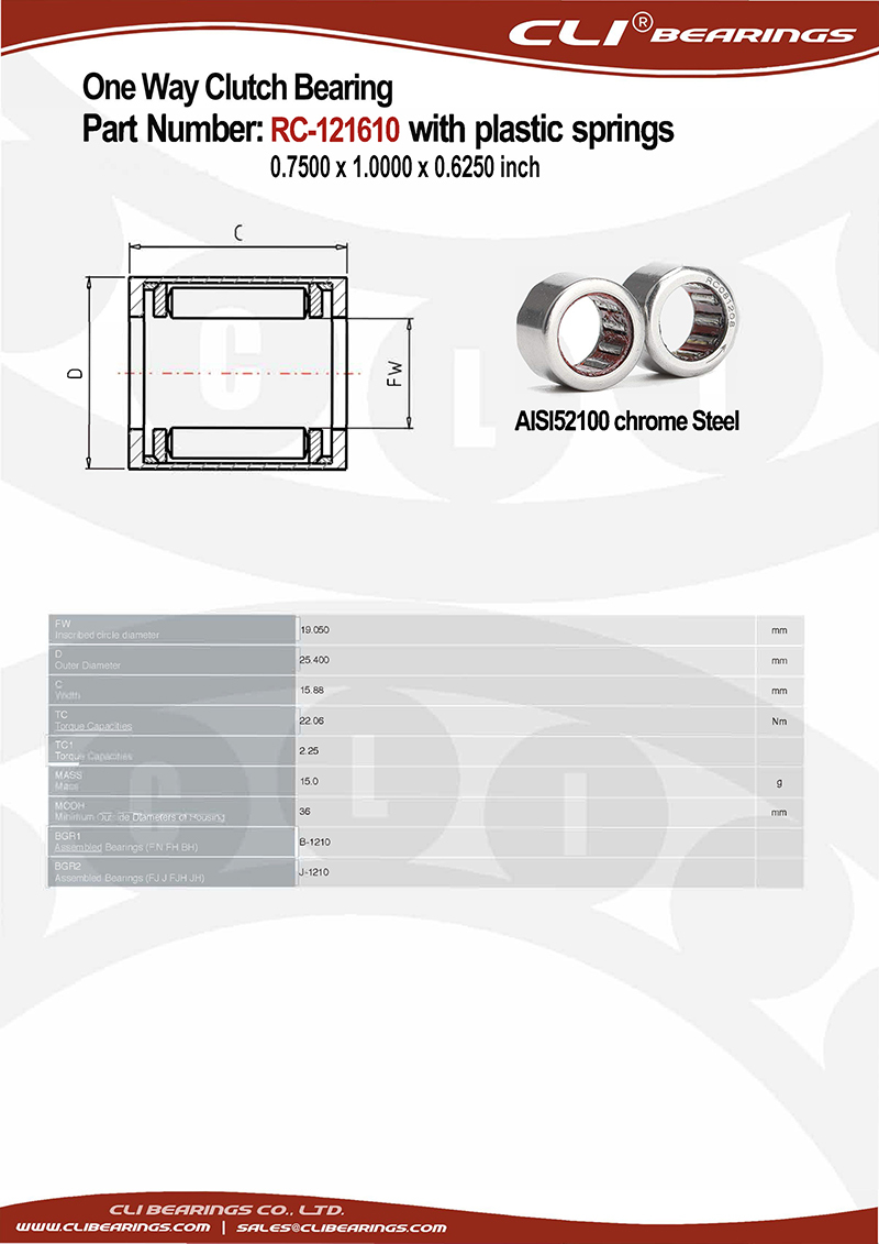 Original rc 121610 0 7500 x 1 0000 x 0 6250 inch one way roller clutch bearing with plastic springs   cli bearings co ltd nw